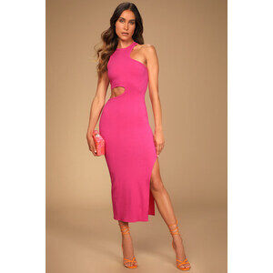 Lulus Catching Looks Hot Pink Asymmetrical Cutout Bodycon Midi Dress - Size S
